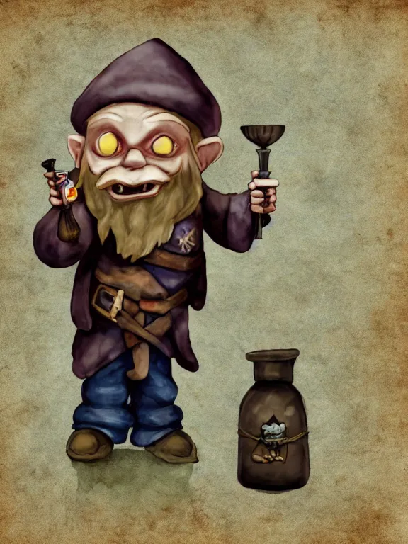 Prompt: tiny evil alchemist gnome, brown tuffle coat, evil smile, flasks in hands, dnd, deforested forest background, grimdark, acrylic, matte painting, by midjourney