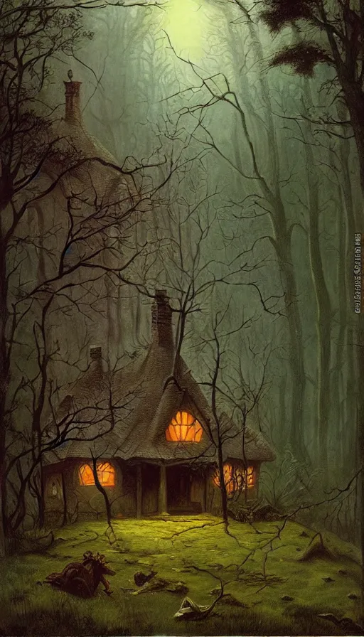 Image similar to witch cottage rococo in the woods moody lighting, highly detailed, painting by zdzisław beksinski and norman rockwell and greg rutkowskiweta studio, and lucasfilm