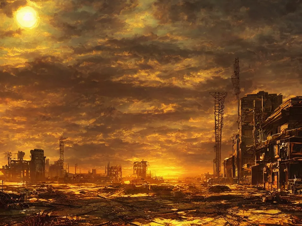 Image similar to a post apocalyptic american city landscape after a nuclear war, beautiful radioactive sunset lighting, beautiful painting, fallout 4 concept art, painted by albert bierstadt