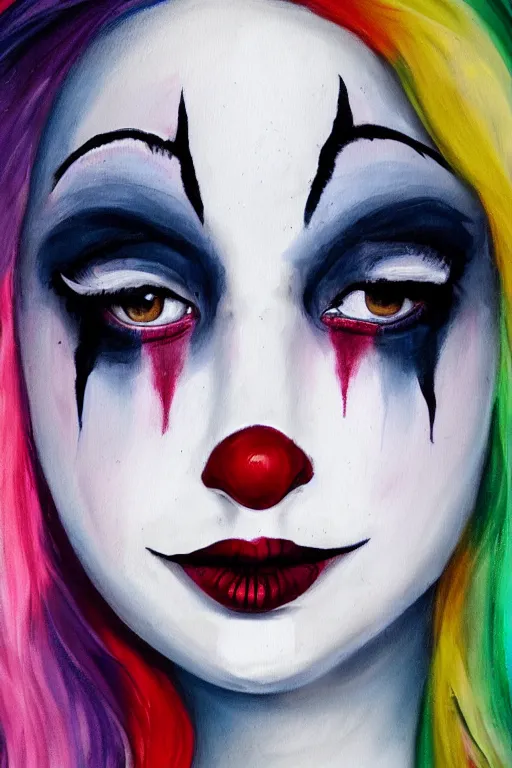 Image similar to detailed painting of a pale clown girl with messy make up