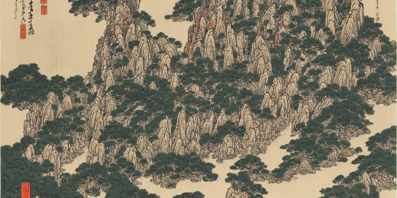 Image similar to taoist temples in huangshan, landscape by katsushika hokusai