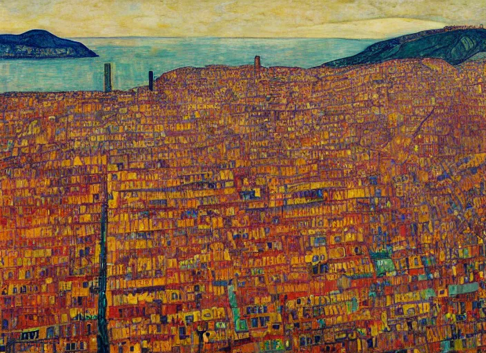 Prompt: a realistic San-Francisco cityscape, bird view, hills, Golden Gate, houses, parks, and hell bursting in style of Egon Schiele, Wayne Thiebaud and Frank Auerbach and Bosch