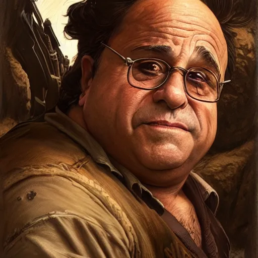 Image similar to Danny DeVito as Nathan Drake, western, D&D, fantasy, intricate, elegant, highly detailed, digital painting, artstation, concept art, matte, sharp focus, illustration, art by Artgerm and Greg Rutkowski and Alphonse Mucha