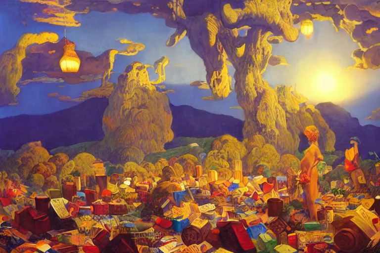 Prompt: a surreal fantasy landscape made of giant books, lanterns, papers, quills and ink bottles, digital painting by maxfield parrish and michael whelan, photorealistic