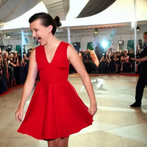 Image similar to Millie bobby brown dancing in a red dress