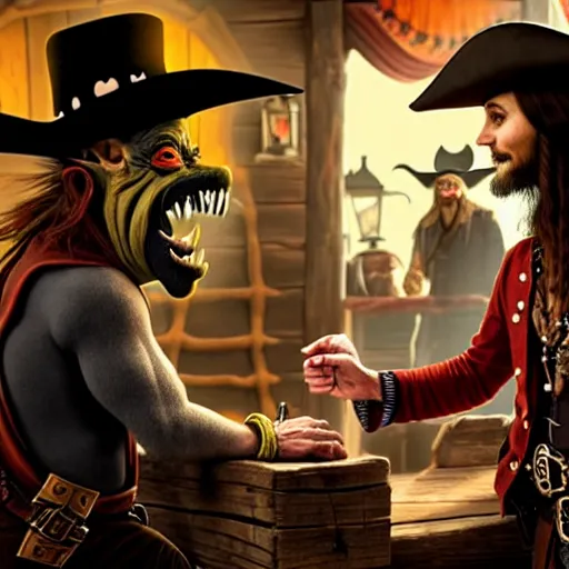 Image similar to a goblin with a large nose and a pirate with a bandana negotiating a contract with Jared Leto in a Western saloon.