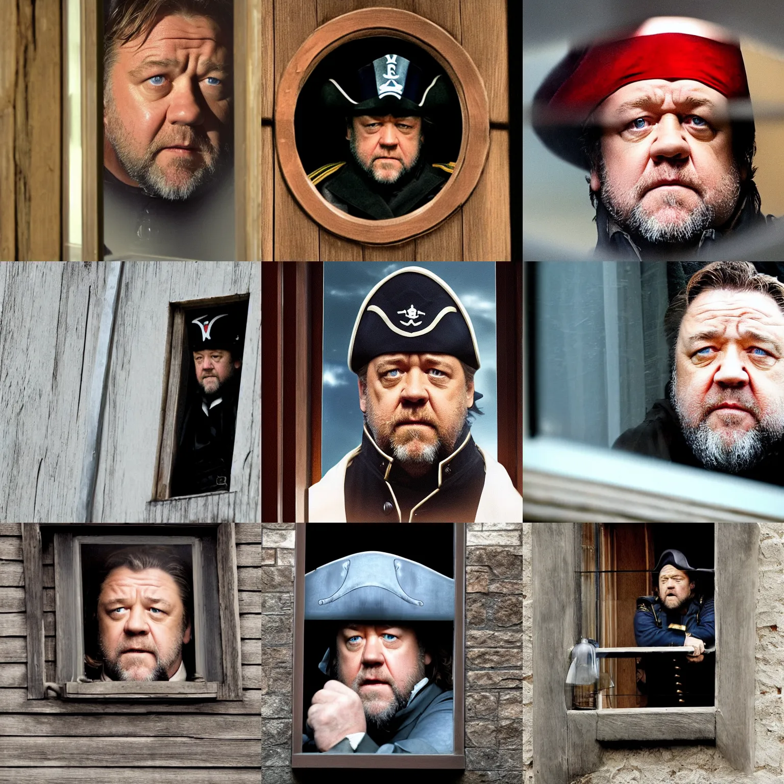 Prompt: slanted angle, russell crowe as javert with enormous pirate captain hat peering out concerned down to camera from a small glass window in a wooden wall, 2 0 1 2