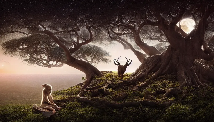 Image similar to very very small goat, sitting on a gigantic banyan tree in moonlit socotra island by ilya kuvshinov, starry night, rtx rendering, octane render 1 2 8 k, maya, extreme high intricate details by tom bagshaw, medium shot, close up shot, composition by sana takeda, lighting by greg rutkowski