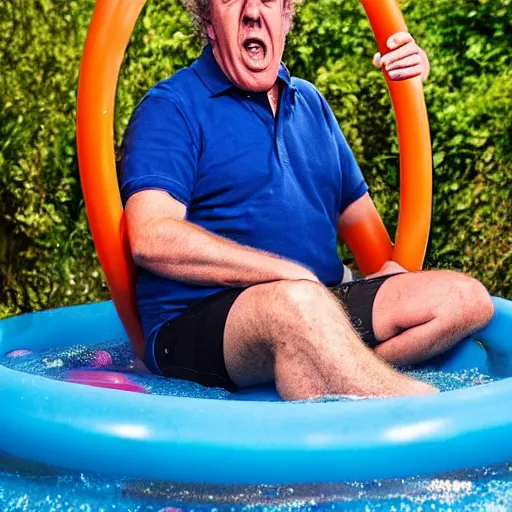 Prompt: jeremy clarkson angry screaming sitting in a paddling pool filled with spaghetti bolognese