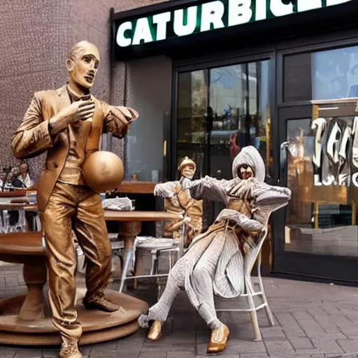 Prompt: Living statues having coffee at Starbucks