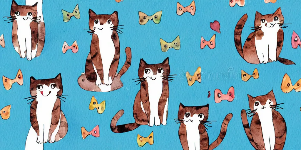 Image similar to watercolor illustration style, group of cute cats with blue wings