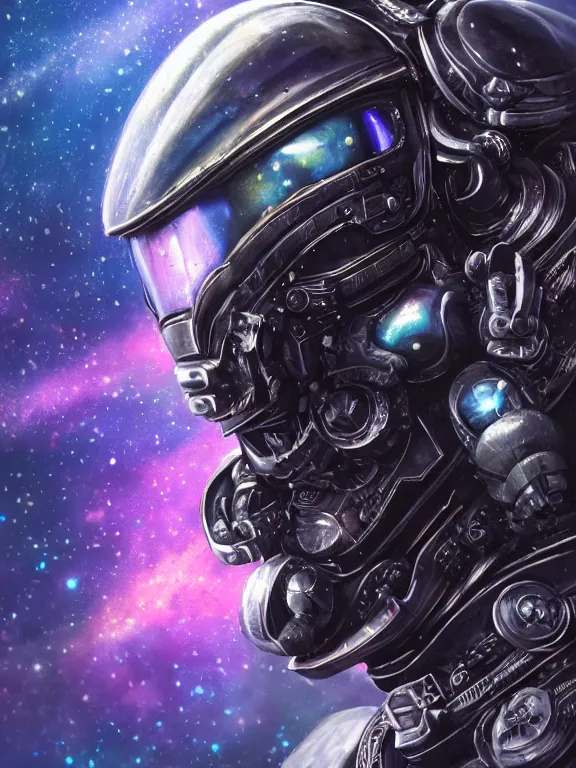 Image similar to portrait art of 8k ultra realistic space marine, side profile, galaxy reflection ion in helmet, deep space , detailed intricate ornate armour,eldritch horror,blade runner, cybernetic, full of colour, cinematic lighting, trending on artstation, 4k, hyperrealistic, focused, extreme details,unreal engine 5, cinematic, masterpiece, art by ayami kojima, giger