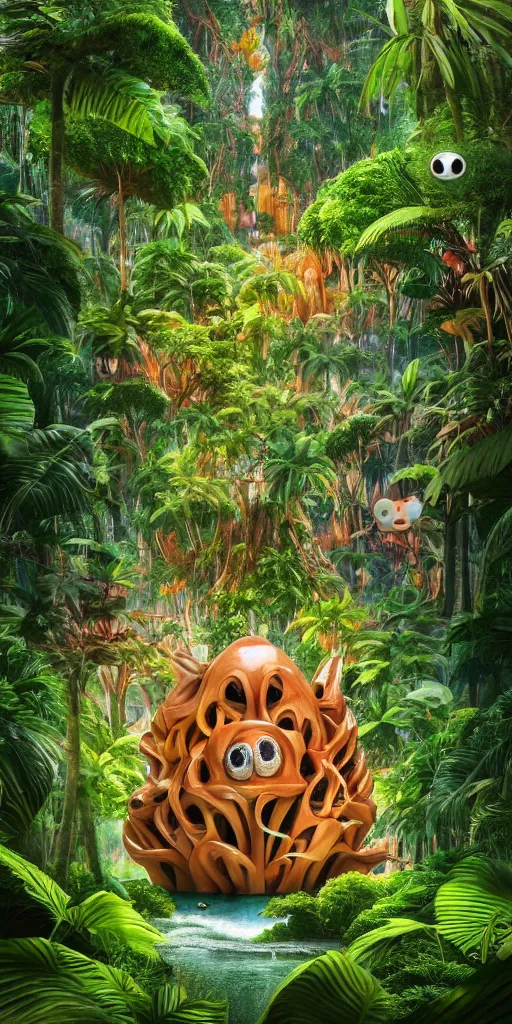 Image similar to of a tropical rainforest lake with strange cute friendly happy creatures with huge eyes, mouth, long tongue, round teeth and goofy face, appearing from the treesl, in the style of gehry and gaudi, macro lens, shallow depth of field, ultra detailed, digital painting, trending artstation, concept art, illustration, cinematic lighting, photorealism, epic, octane render