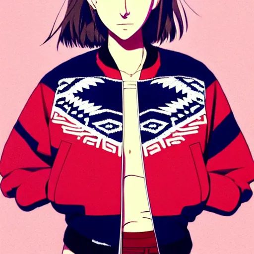 Image similar to a beautiful! boyish! natalie portman alluring gravure! model, wearing oversized aztec bomber jacket and leotard, poofy bomber jacket with mayan patterns, gapmoe yandere grimdark, trending on pixiv fanbox, painted by greg rutkowski makoto shinkai takashi takeuchi studio ghibli, akihiko yoshida