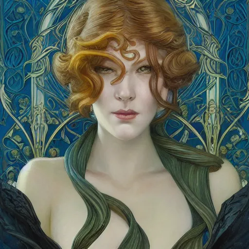 Image similar to an art nouveau painting in the style of donato giancola, and in the style of charlie bowater, and in the style of lulu chen. symmetry, smooth, sharp focus, semi - realism, intricate detail.