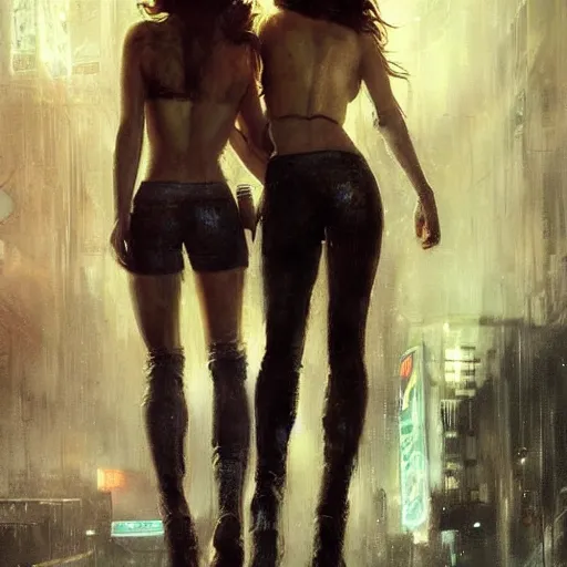 Prompt: bella thorne and megan fox holding hands, hyperrealistic full figure, bladerunner street, art of elysium by jeremy mann and frank frazetta, fantasy art, photo realistic, dynamic lighting, artstation, full figure poster, volumetric lighting, very detailed face, 4 k, award winning