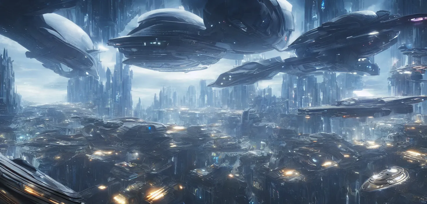 Image similar to a futuristic city scene with a flying spaceship, a detailed matte painting by chris moore, shutterstock contest winner, afrofuturism, matte painting, futuristic, sci - fi