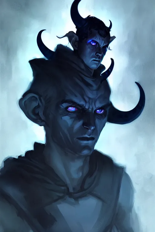 Image similar to sad dark blue tiefling boy with horns and dark hair and pitch black hollow eyes by Greg Rutkowski