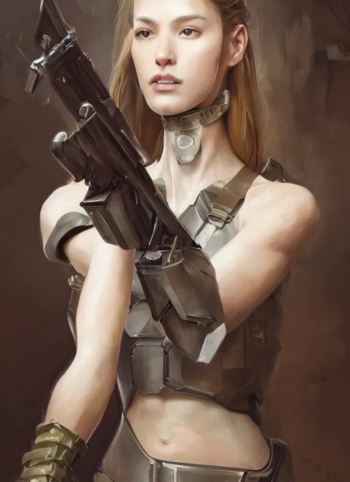 Image similar to a professional painting of a beautiful young female, clothed in military armor, olive skin, long dark hair, beautiful bone structure, symmetrical facial features, intricate, elegant, digital painting, concept art, smooth, sharp focus, illustration, from Metal Gear, by Ruan Jia and Mandy Jurgens and Artgerm and William-Adolphe Bouguerea