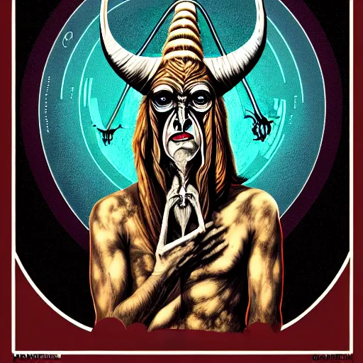 Image similar to graphic illustration, creative design, aleister crowley as baphomet, biopunk, francis bacon, highly detailed, hunter s thompson, concept art