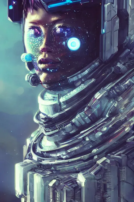 Prompt: a cyberpunk astronaut, halfturn portrait of a big crystal face made of crystals half - turn,, full face frontal centered, ultra detailed, by nixeu and guweiz weta, sleek curves, intricate sharp focus, trending on artstation hq, deviantart, pinterest, by beibang unreal engine 5,