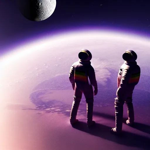 Prompt: a gay couple floating in space looking at the moon from up close, science fiction industrial hard science concept art, 8 k render octane high definition cgsociety