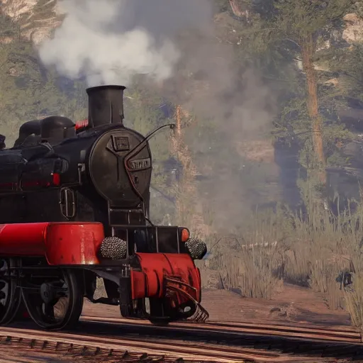 Image similar to futuristic sleek steam locomotive in red dead redemption 2