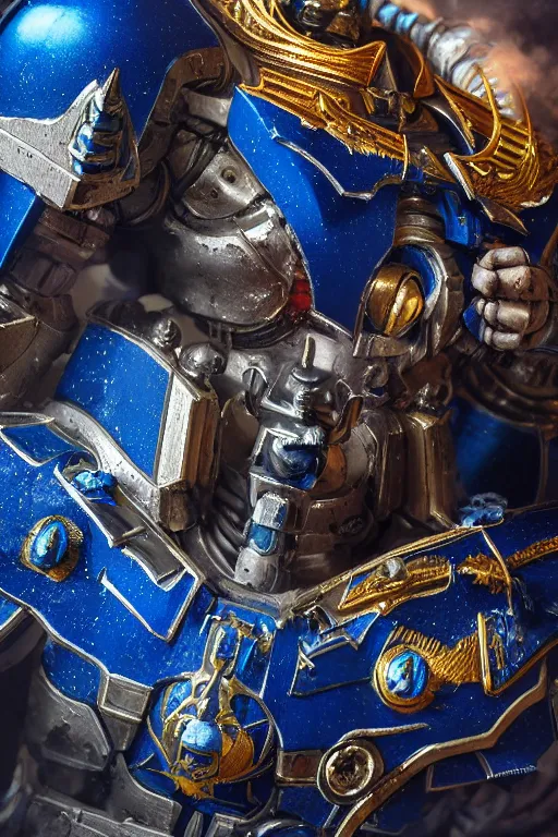 Image similar to a portrait of an ultramarine, space marine, warhammer 4 0 k setting, dynamic pose, close - up, intricate details, intricately detailed clothing, intricate textures, warm lighting, vivid colors, smoke and mist, realistic octane render, hyper realistic render, volumetric shading, depth of field, raytracing, 8 k,