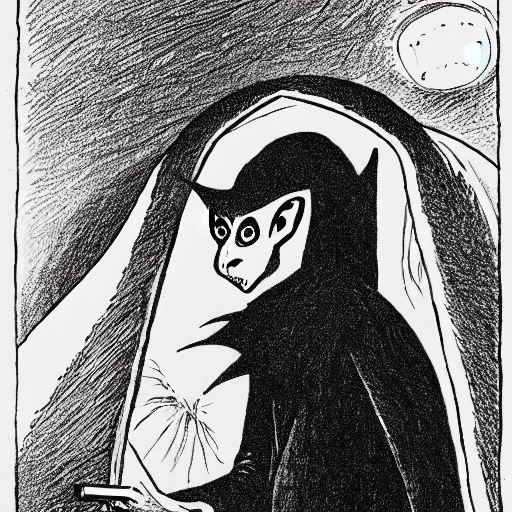 Image similar to Nosferatu sits in an igloo while drawing a self-portrait, over the shoulder view