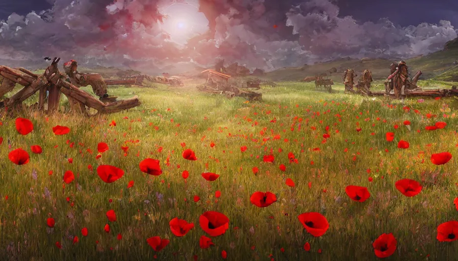 Prompt: the beautiful, dreamy, red poppies panoramic view of dead calvary soldiers on a field and rocks at dusk. my soldiers, rage! hyperrealistic anime background illustration by kim jung ki, colorful, extremely detailed intricate linework, smooth, super sharp focus, bright colors, high contrast, matte, octopath traveler, unreal engine 5 highly rendered, global illumination, radiant light