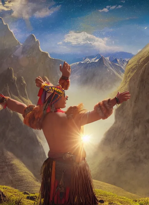 Prompt: a incan shaman doing a prayer to the sun on a mountain with arms up, matte painting, fantasy art