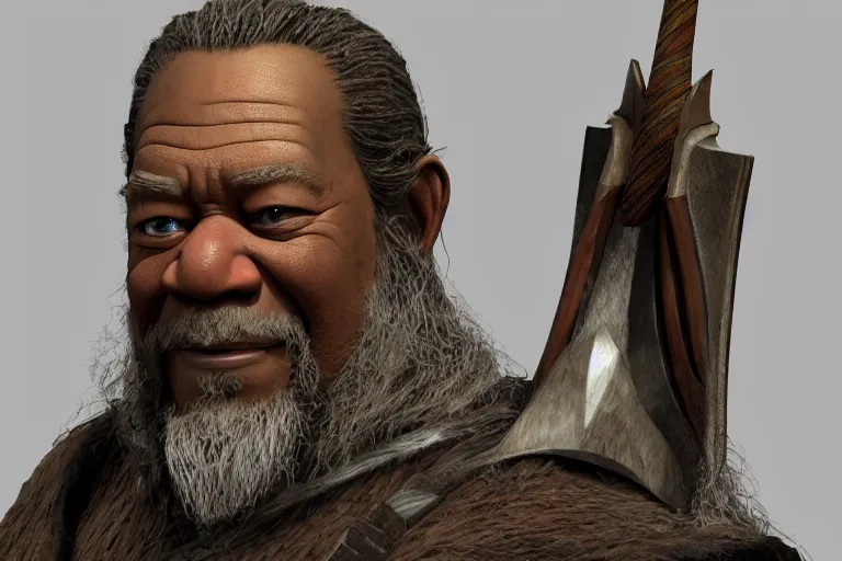 Image similar to morgan freeman as gimli in lord of the rings, still from a pixar movie, high quality 3 d render, movie, pixar, renderman, 4 k, artstation