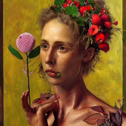 Image similar to a sculpture portrait made of kiwi and strawberries and flowers and plants, painting part by wojciech siudmak, part by ilya repin, part by max ernst, part by norman rockwell, artstation