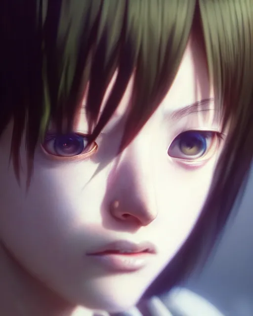 Image similar to really cool complex closeup portrait of a beautiful psychotic loner girl, by katsuhiro otomo, yoshitaka amano, nico tanigawa, artgerm, greg rutkowski makoto shinkai takashi takeuchi rendered with intense 3 d effect, smooth soft shadowing, cinematic lighting, hyperrealistic unreal engine 5 render uhd 8 k