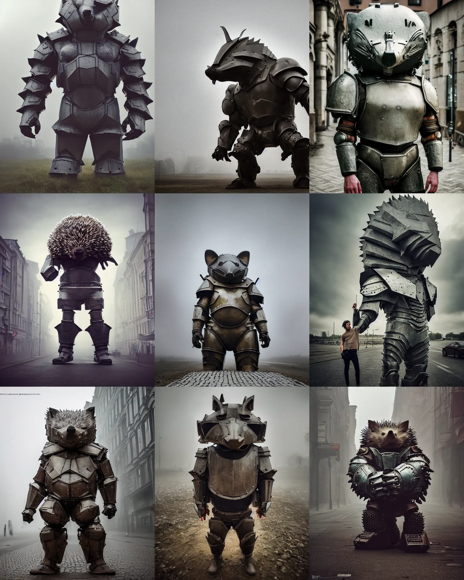 Prompt: epic pose!!! giant oversized battle armor hulded anthropomorphic hedgehog rugged hulked, in legnica, full body, cinematic focus, polaroid photo, vintage, neutral dull colors, soft lights, foggy mist, by oleg oprisco, by thomas peschak, by discovery channel, by victor enrich, by gregory crewdson