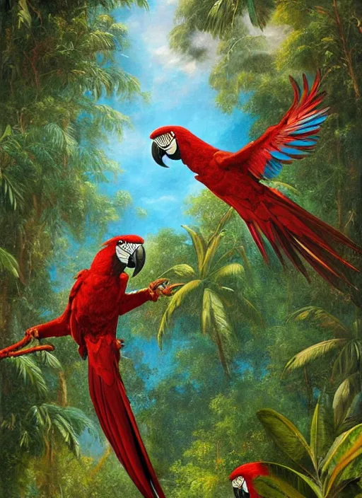 Image similar to a beautiful painting of two macaws flying over the amazon jungle, matte painting, fantasy art, ayahuasca, highly detailed