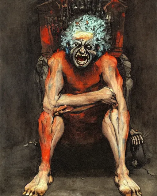 Prompt: portrait of anguished man crying by Francisco Goya and Francis Bacon and James Jean, vibrant background, mythological painting, oil painting, triadic color scheme, very coherent, Figure laughing seated on a throne made out of a bones and marble inside interior room, Beksinski painting, masterpiece, artstation