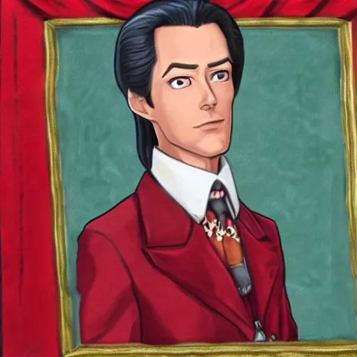 Image similar to a highly detailed portrait of miles edgeworth from ace attorney, inside a room with thick red tapestries, oil painting