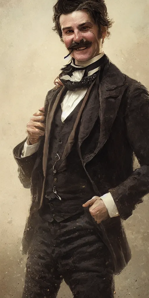 Prompt: Portrait of a jolly victorian gentleman wearing a waistcoat, male, happy, detailed face, victorian, highly detailed, cinematic lighting, digital art painting by greg rutkowski