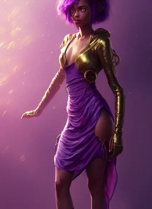 Image similar to young woman wearing dress : : purple - gold streets cyberpunk : : weta disney pixar movie still photo : : decadent highly - detailed digital painting, heroic pose, full length shot, golden ratio, octane render, artstation, smooth, sharp focus, artgerm, mucha, loish, wlop, gogo