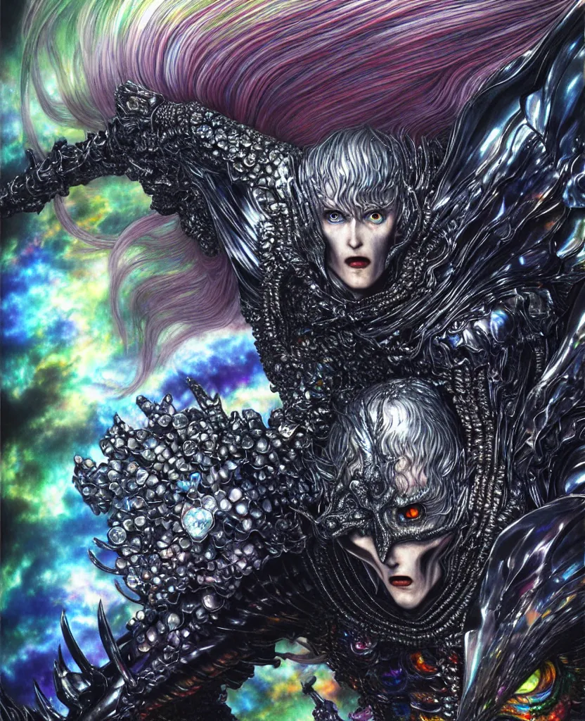 Image similar to realistic detailed image of ultra wrathful rainbow diamond iridescent mega griffith from berserk, depth perception, depth of field, action horror by ayami kojima, neo - gothic, gothic, part by adrian ghenie and gerhard richter. art by yoshitaka amano. masterpiece