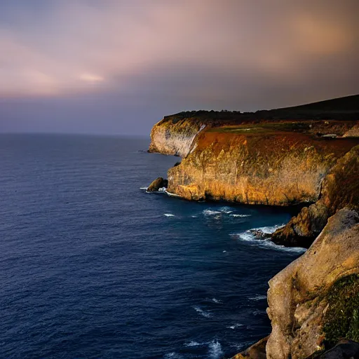 Image similar to deep blue, blue hour, early night, deep blue atmosphere, overcast, low light, black and blue sky, sundown, scattered islands, sea, ocean, low pressure system, cloud with eye, very windy, late evening, distant hotel retreat on cliffside, shining lights on cliff side, polaroid photograph