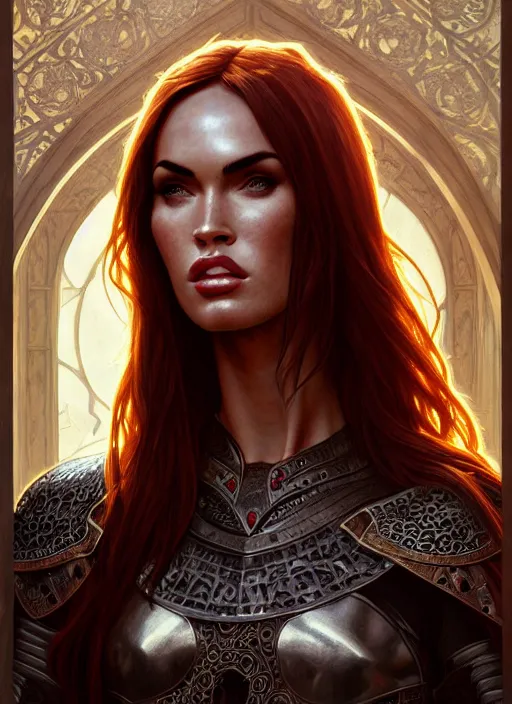 Image similar to portrait of megan fox as a knight, medival armor, redhead, sword, dark ages, intricate, headshot, highly detailed, digital painting, artstation, concept art, sharp focus, cinematic lighting, illustration, art by artgerm and greg rutkowski, alphonse mucha, cgsociety