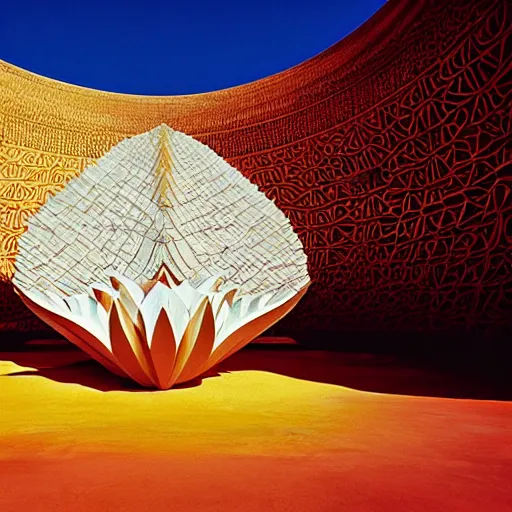 Image similar to futuristic lotus fractal temple with gold, red and white marble panels, in the desert, by buckminster fuller and syd mead, intricate contemporary architecture, photo journalism, photography, cinematic, national geographic photoshoot