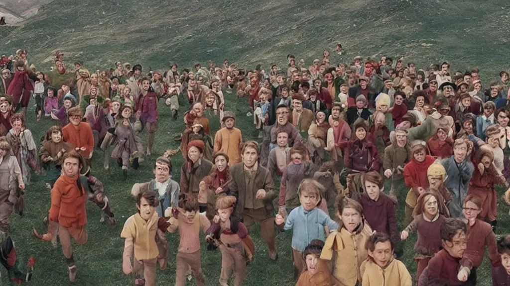 Prompt: A still from a Wes Anderson movie where the Pied Piper is luring hundreds of kids up a hill, long shot