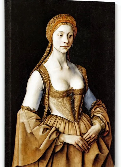 Image similar to portrait of young woman in renaissance dress and renaissance headdress, art by albrecht durer