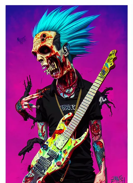 Image similar to a zombie punk rocker with a mohawk playing electric guitar, tristan eaton, victo ngai, artgerm, rhads, ross draws, cinematic by francis tneh