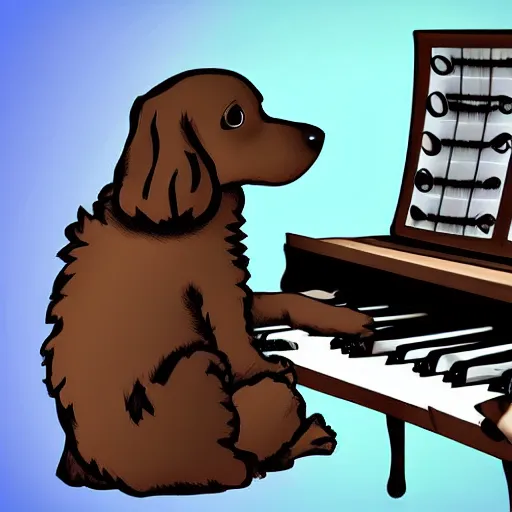 Image similar to a dog playing piano, digital art
