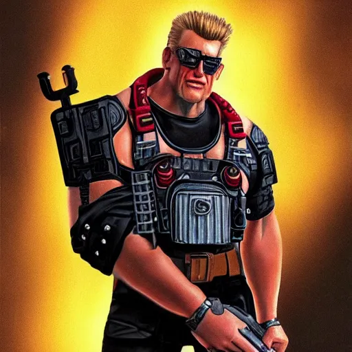 Prompt: a hyper realistic photo real photorealistic photograph of detailed Duke Nukem posing like a badass