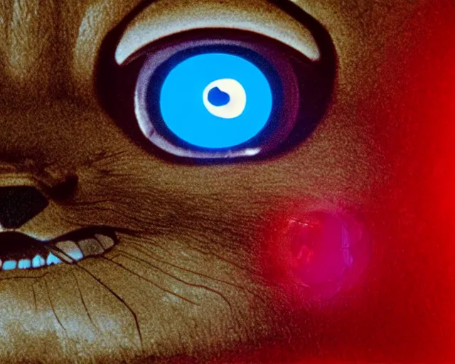 Image similar to Terminator pikachu, scene where his endoskelet gets exposed his eye glows red, still from the film